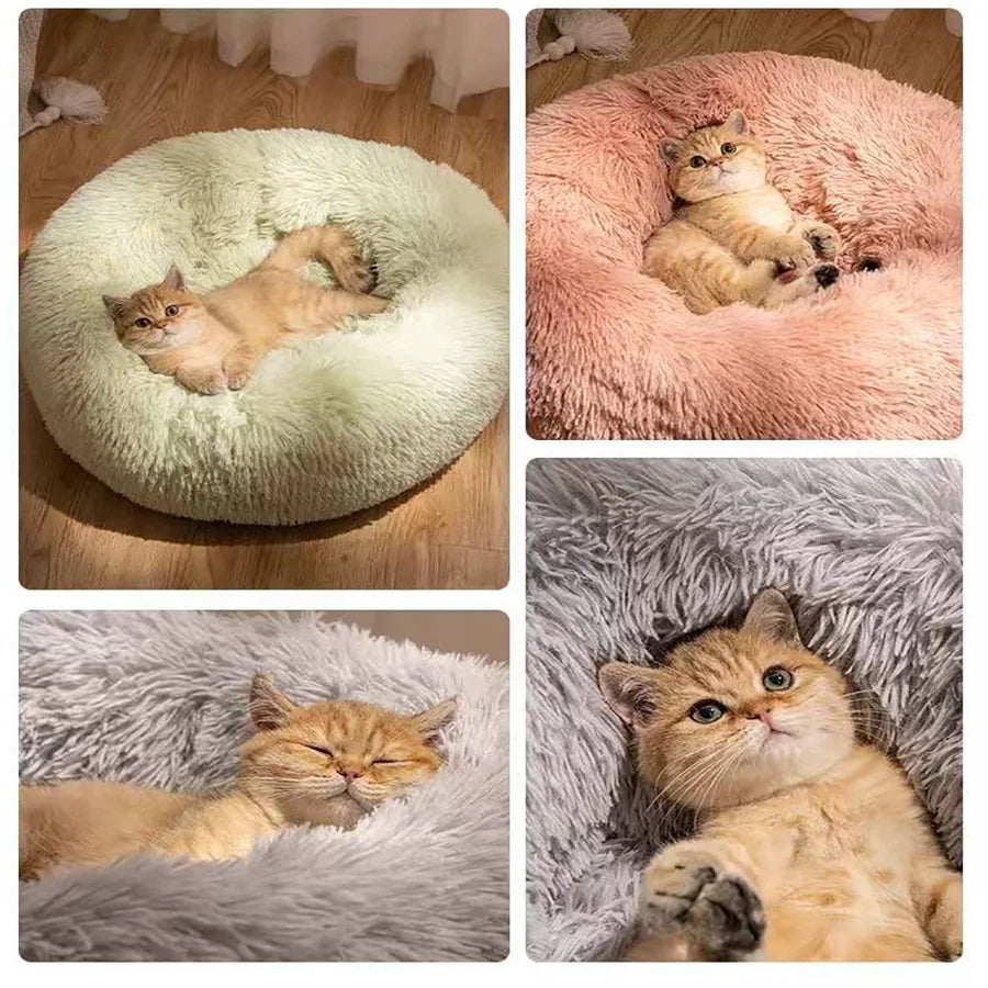 Cama Macia para Gatos e Cães, Almofada de Pelúcia Quente de Pelo Sintético, Cama Redonda Confortável em Formato de Rosquinha, Lavável para Cães e Gatos de Pequeno e Médio Porte