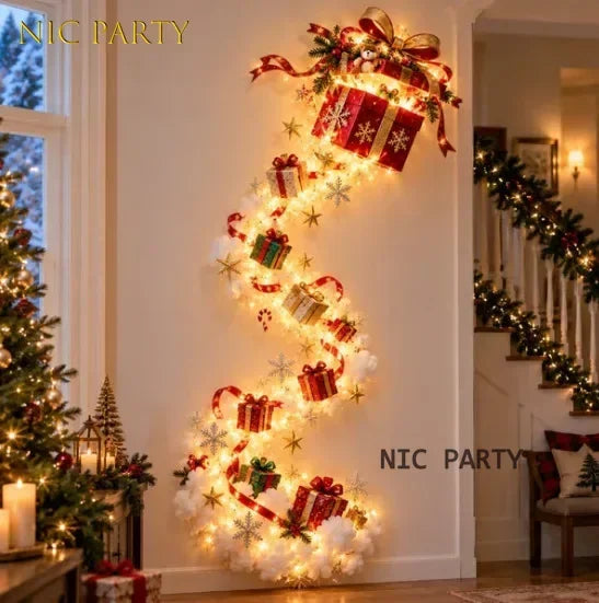 Decoração de parede natalina luminosa, luz de parede para casa, cena mágica de Natal, trenó do Papai Noel, renas, decoração natalina suspensa