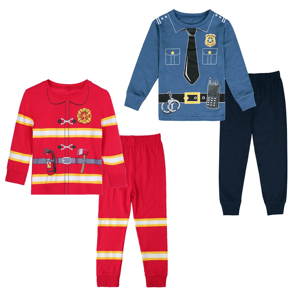 Tops e calças de manga comprida infantil, conjuntos de pijamas, pijamas bombeiro, polícia, pijamas cosplay, halloween, crianças, meninos, crianças, 2 peças