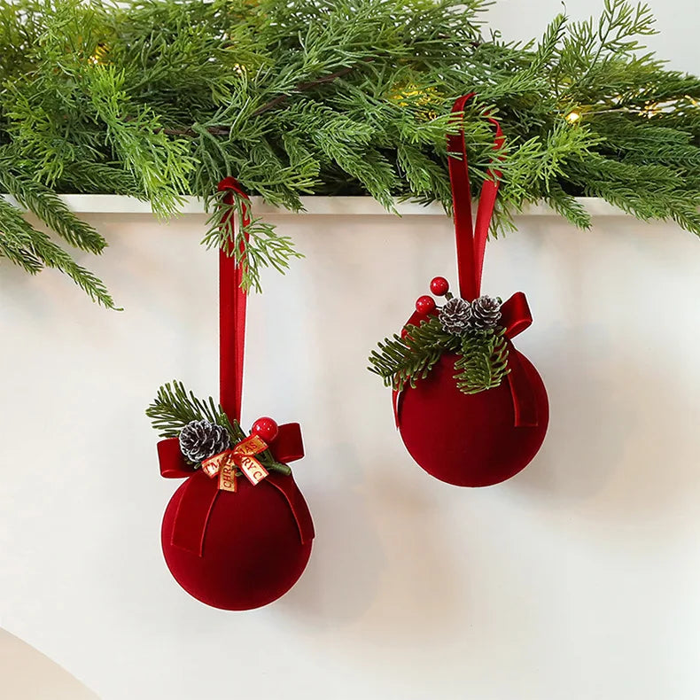Enfeites de Natal em Veludo Vermelho, Bolas Flocadas, Sinos, Pingentes, Laços, Decoração para Casa, Presentes para Festa de Natal e Ano Novo
