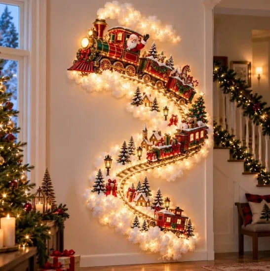 Decoração de parede natalina luminosa, luz de parede para casa, cena mágica de Natal, trenó do Papai Noel, renas, decoração natalina suspensa
