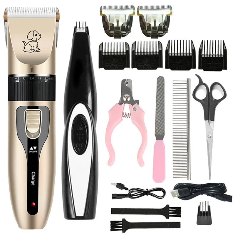 Kit de Tosa Elétrico Recarregável para Cães e Gatos, com Máquina de Cortar Pelos e Lixadeira de Unhas Silenciosa