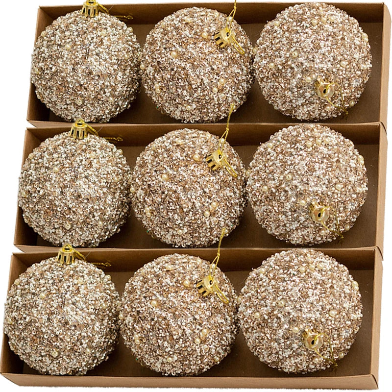 12pçs bolas de natal com glitter dourado champanhe, 8cm, árvore de natal pendurada, pingentes de bola brilhante para decoração de festa de ano novo, ornamentos
