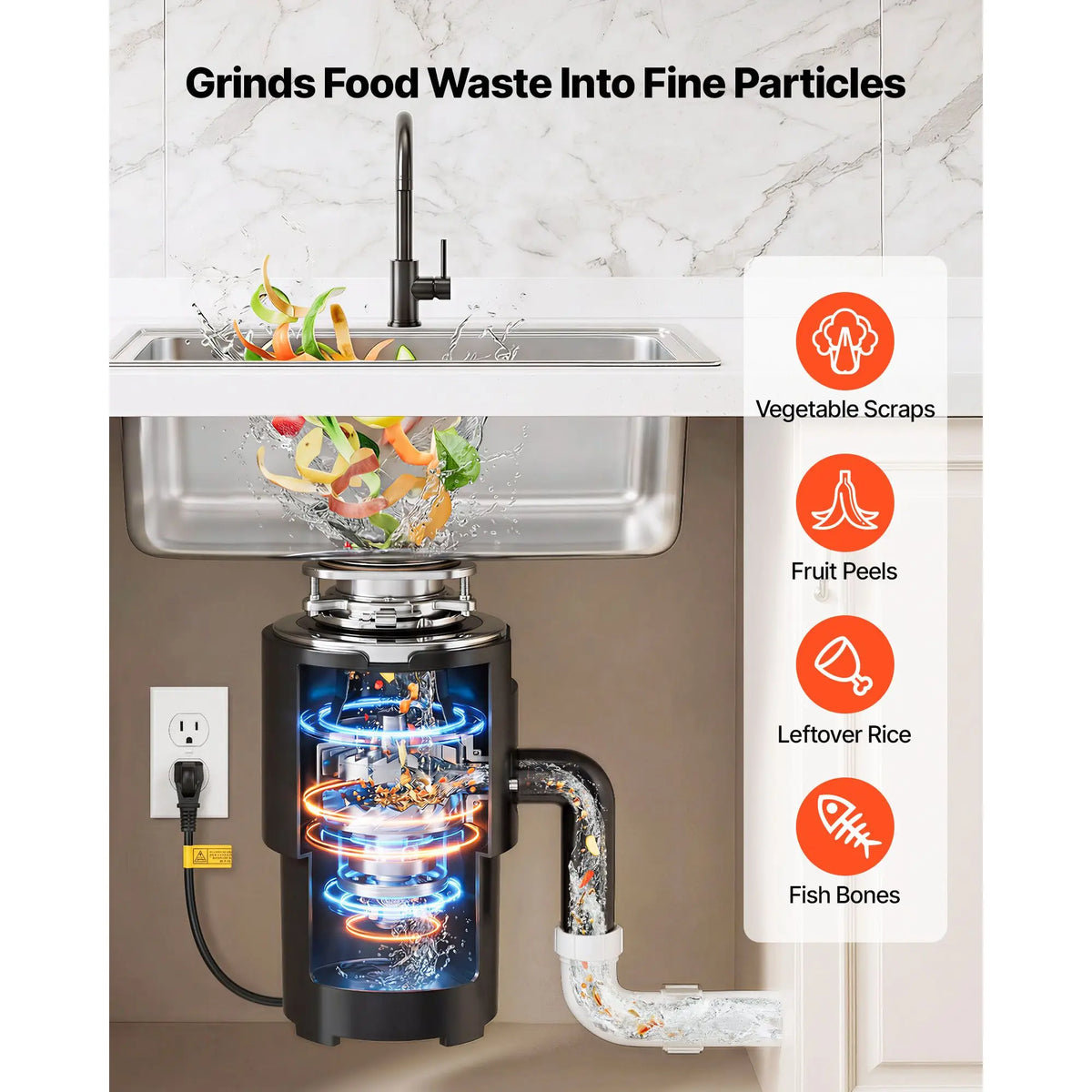 3/4HP 1500RPM Continuous Feed Kitchen Sink Food Waste Garbage Disposer 3 Bolt Mount UK 1500RPM AC Motor Garbage Waste Grinder