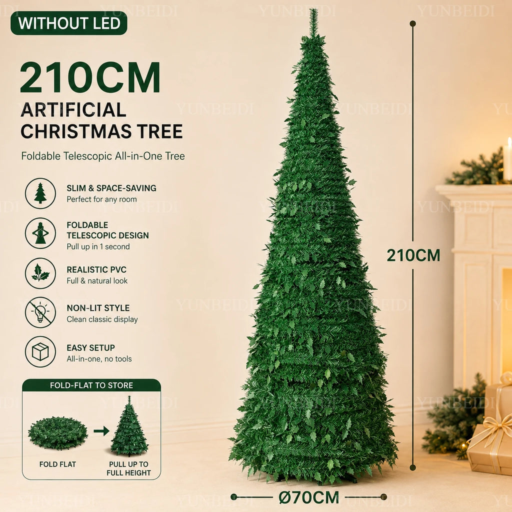 Árvores de Natal Artificiais com Luzes LED Decorativas, Tudo em Um, com Alturas de 1,5m a 2,1m, Decoração de Natal para Casa