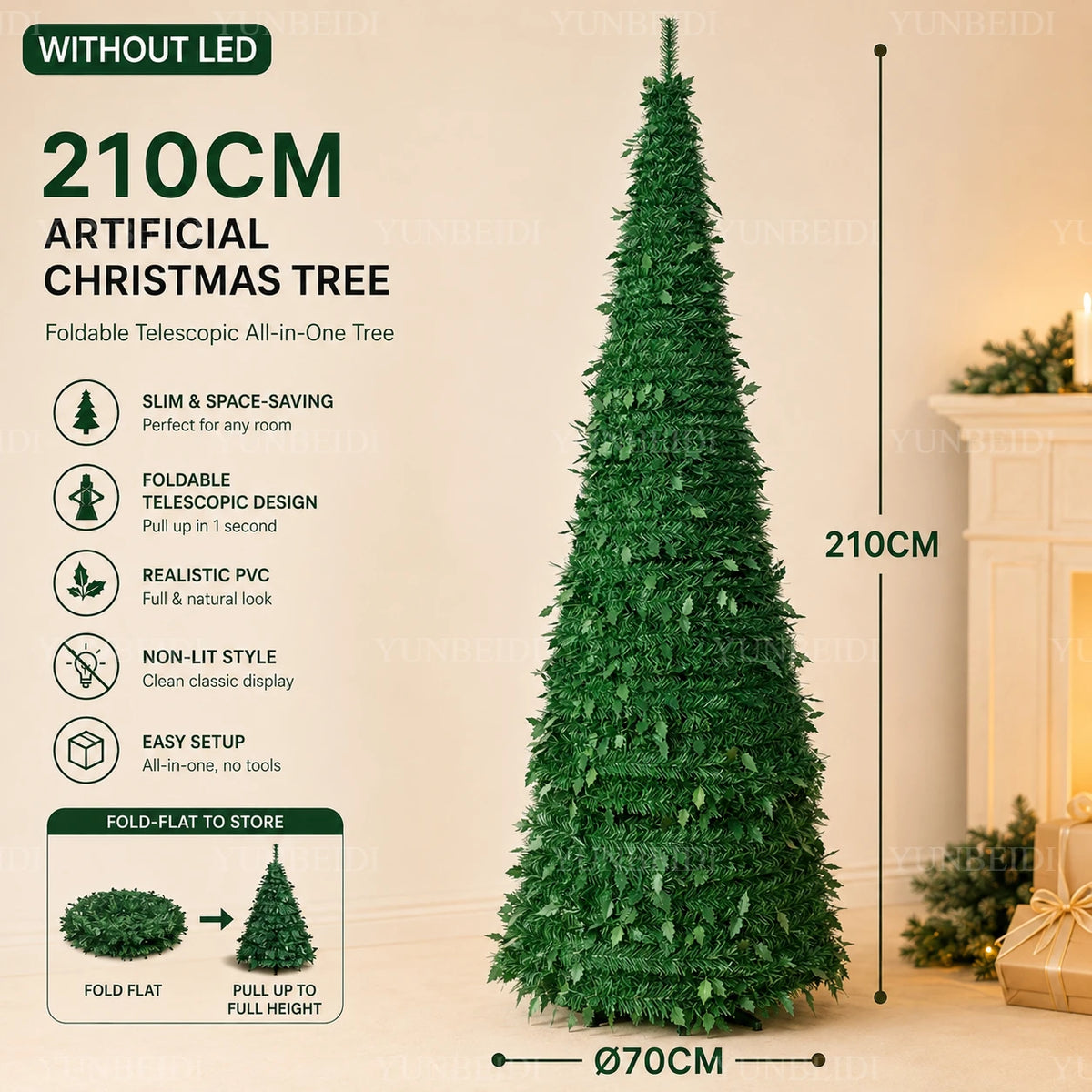 Árvores de Natal Artificiais com Luzes LED Decorativas, Tudo em Um, com Alturas de 1,5m a 2,1m, Decoração de Natal para Casa