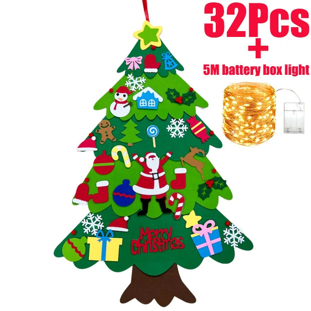 DIY sentiu árvore de natal com ornamento suspenso, luzes LED, presentes para crianças, decoração de ano novo, suprimentos de natal, 2024