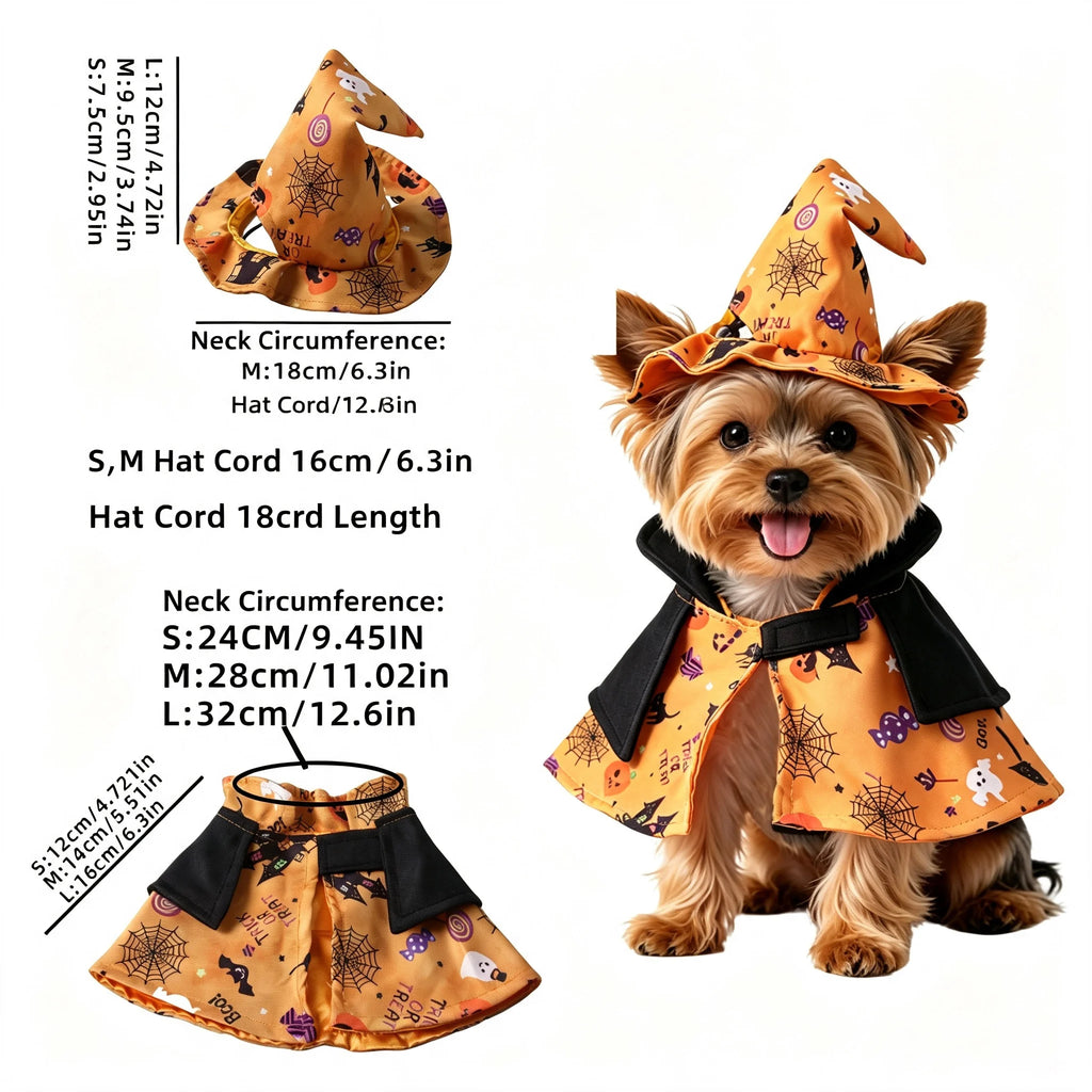 Fantasia de Halloween para Gatos: Conjunto de Capa de Abóbora e Chapéu de Mago com Estampa Divertida de Mago para Ambiente Festivo, Festa e Fotografia