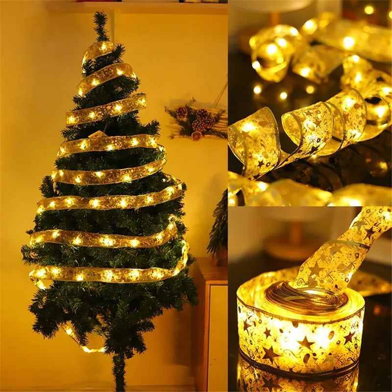 LED Ribbon Fairy Lights para Natal, enfeites de árvore de Natal, decoração, DIY Bows, String Light, Ano Novo, 2025, 2025