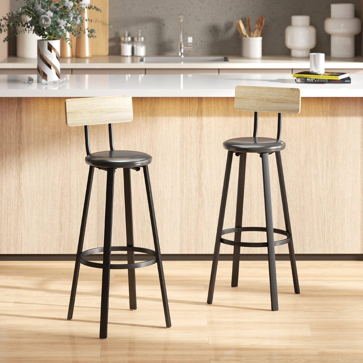 Conjunto Homcom com 2 Banquetas Altas de Cozinha com Encosto e Apoios para os Pés Estofados em PU, Assento de 75,5 cm