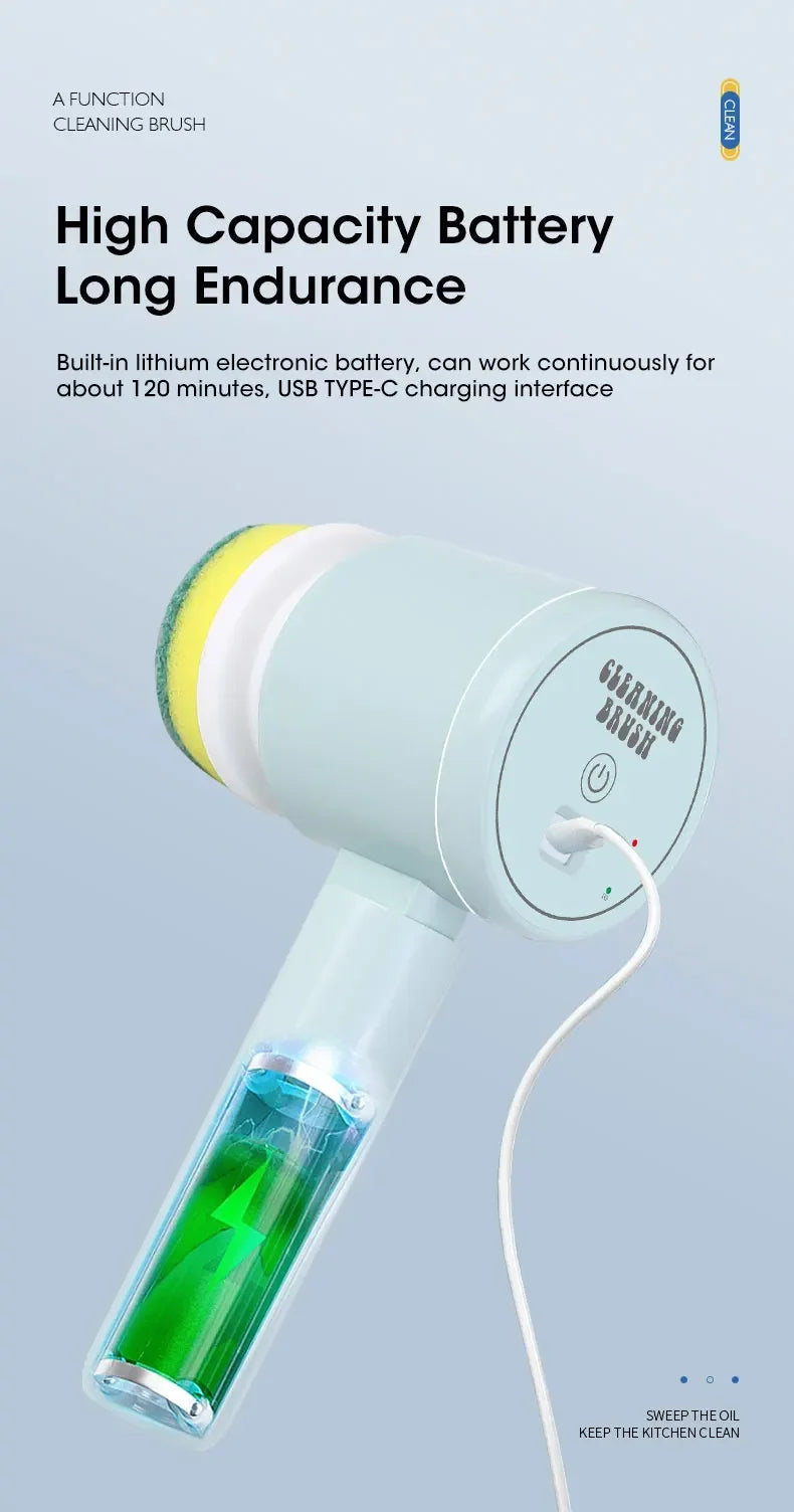Purificador giratório elétrico sem fio 2025 com 5 escovas, limpador de banheiro recarregável à prova d'água IPX7 para limpeza de azulejos/doche/gravos