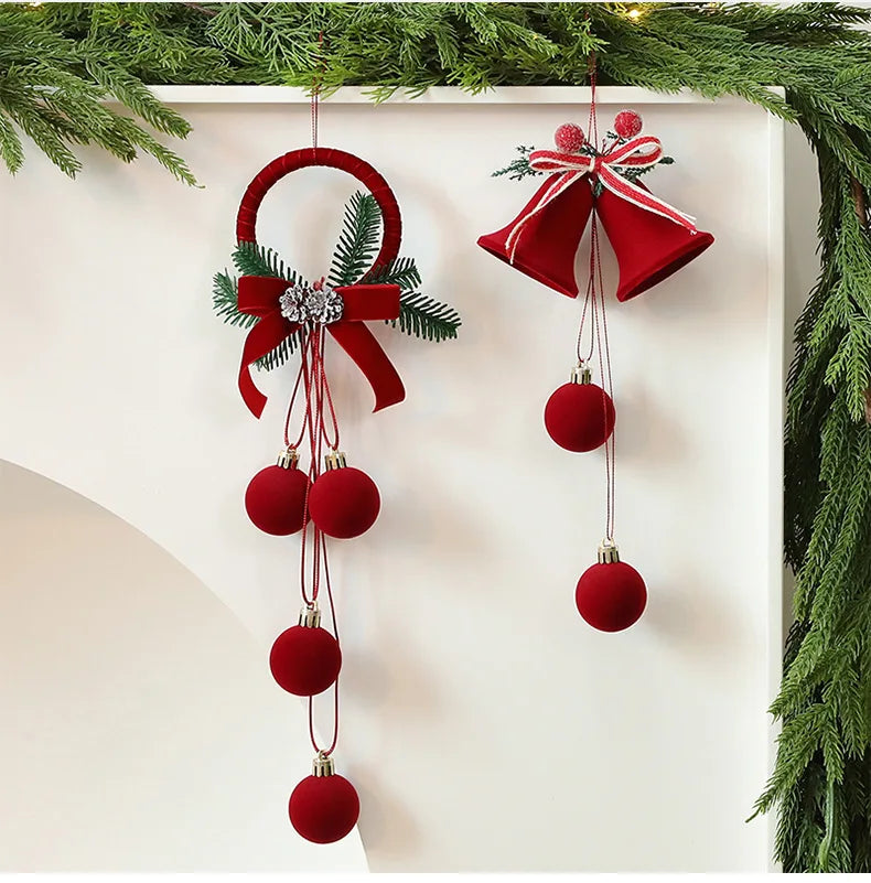 Enfeites de Natal em Veludo Vermelho, Bolas Flocadas, Sinos, Pingentes, Laços, Decoração para Casa, Presentes para Festa de Natal e Ano Novo