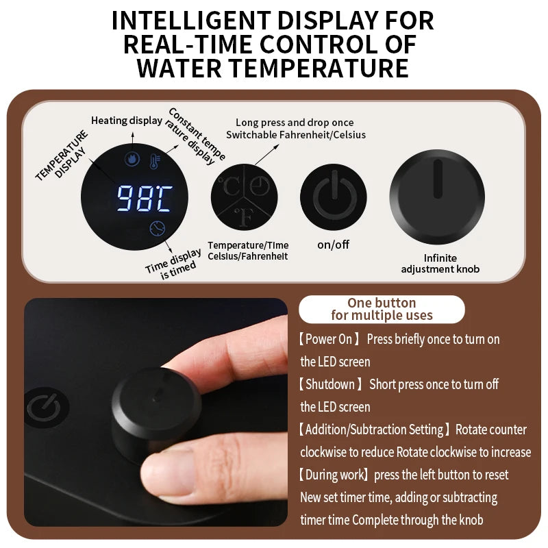 Chaleira Elétrica Gooseneck 1L: Controle Inteligente de Temperatura para Café Coado, Aquecimento Rápido em Aço Inoxidável, 110V e 220V