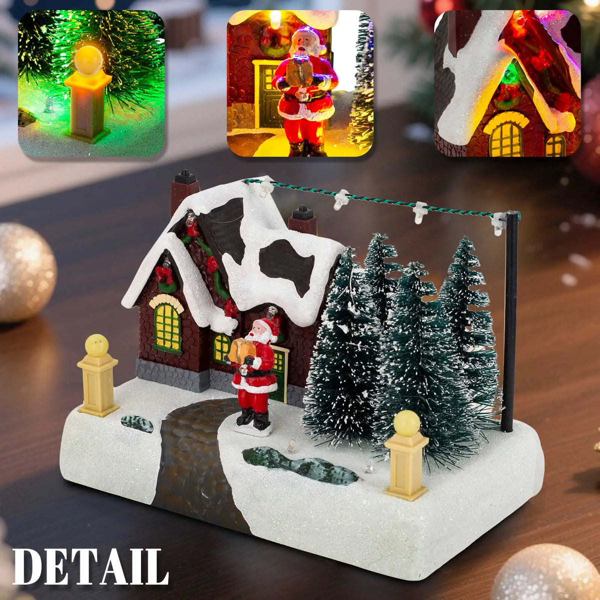 Cena de vila de natal, edifício colecionável com luzes, árvores, papai noel, cidade de neve, decoração de paisagem, férias, casa, mesa, lareira