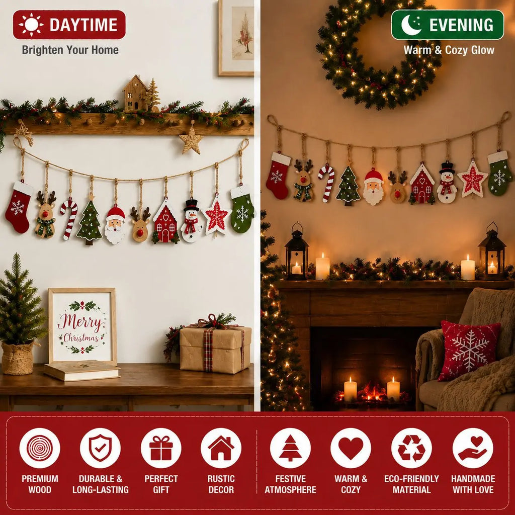 10 peças de decoração de madeira de Natal, Papai Noel, renas, árvore de Natal, estrelas, etc., decoração para festas de inverno/Natal em casa.
