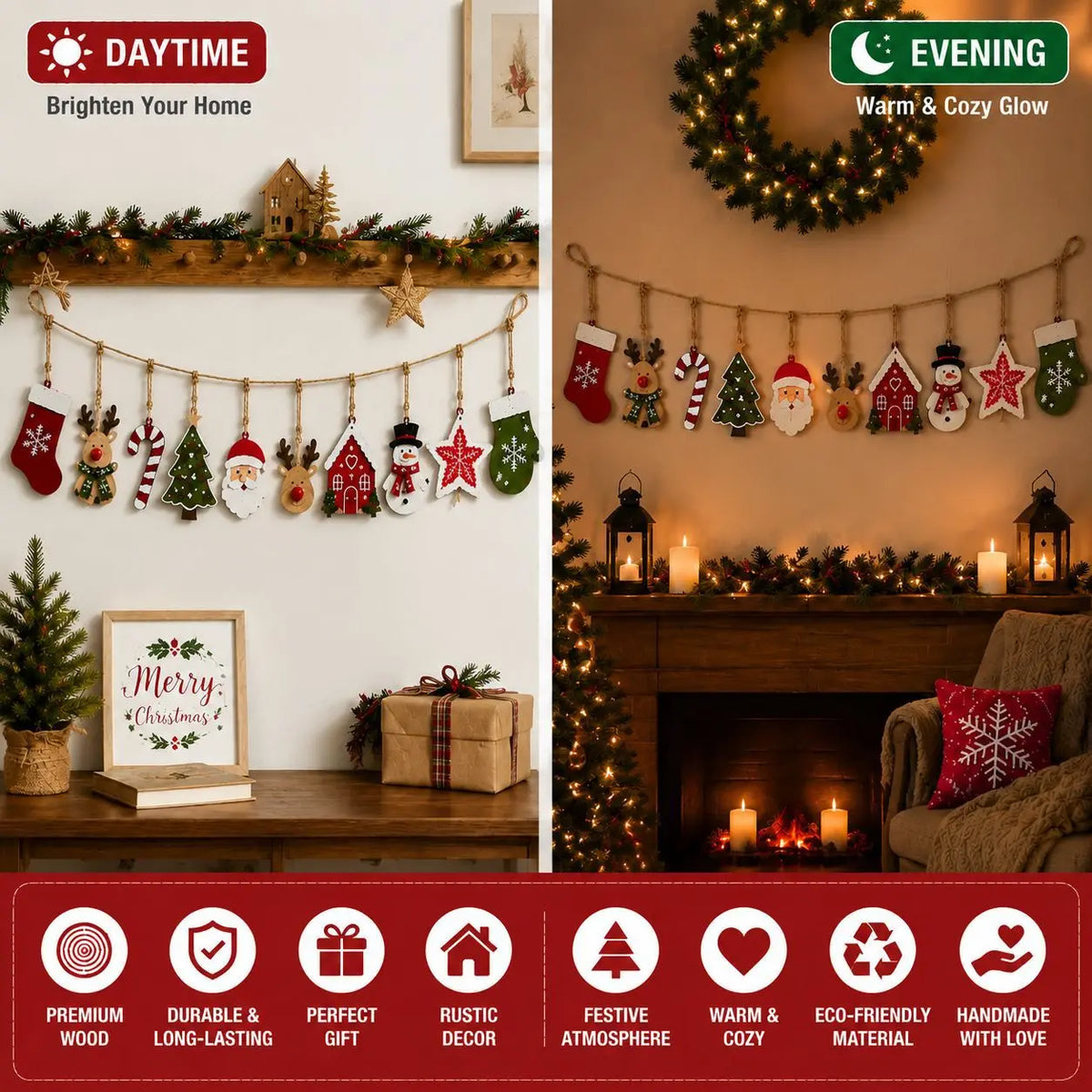 10 peças de decoração de madeira de Natal, Papai Noel, renas, árvore de Natal, estrelas, etc., decoração para festas de inverno/Natal em casa.