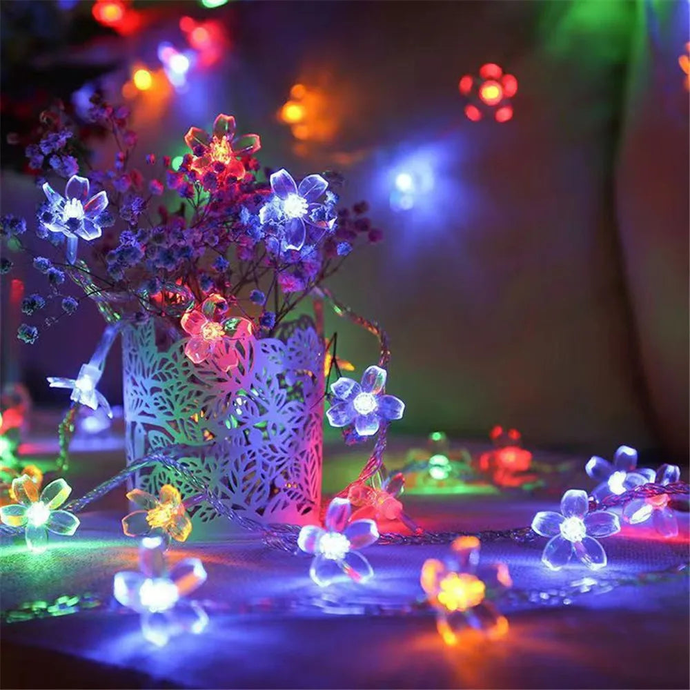 Luzes de Cordão LED Solares em Forma de Flor de Cerejeira para Decoração de Jardim e Pátio ao Ar Livre, Decoração de Natal e Casamento