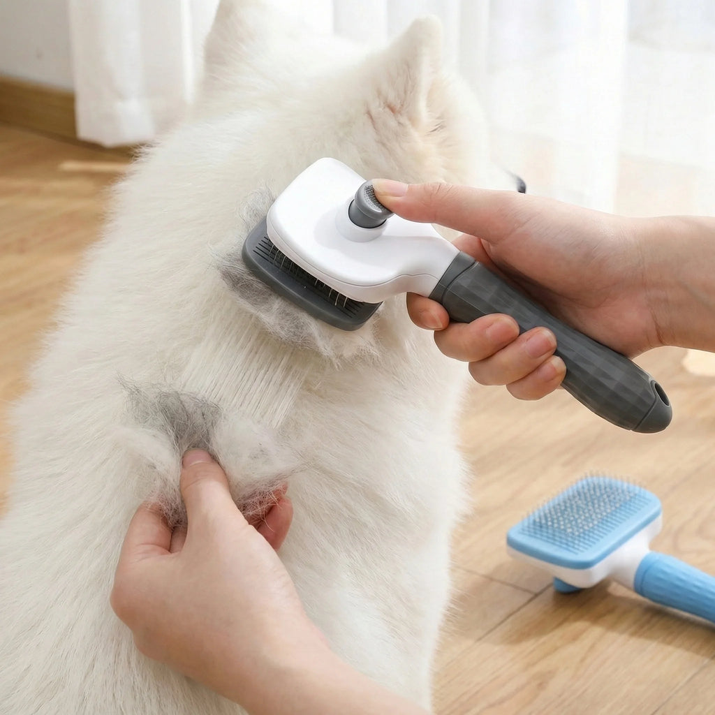 Escova de Cuidado para Cães e Gatos de Uso Duplo 20×10×5.5cm, Escova Autolimpante com Agulhas Curvas de Ponta Redonda, Cabo Ergonômico para Animais de Estimação