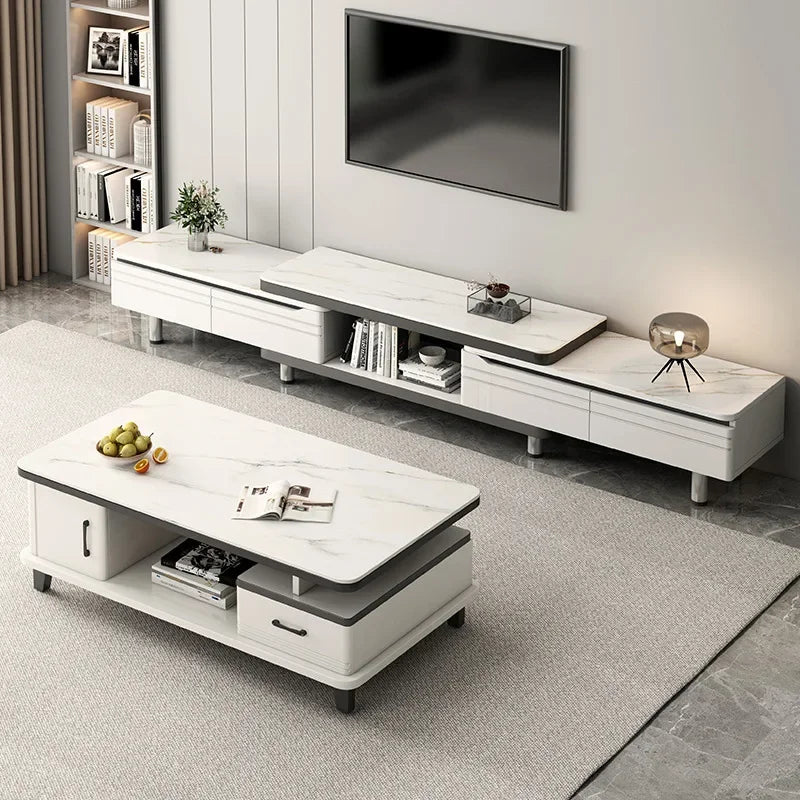 Suporte de TV LED moderno para televisores, mesa de centro, prateleiras de vidro e gaveta, centro de entretenimento para jogos com vários armários