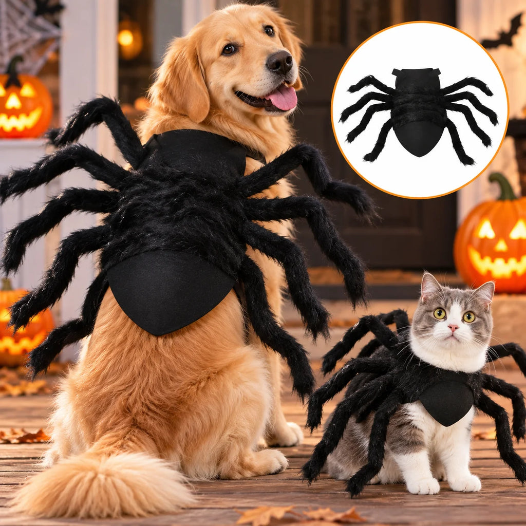 Fantasia de aranha para animais de estimação no Halloween, roupas engraçadas e realistas com pelúcia para cães e gatos, fantasia de cosplay para peito e costas, roupa de festa para cães de porte pequeno e médio