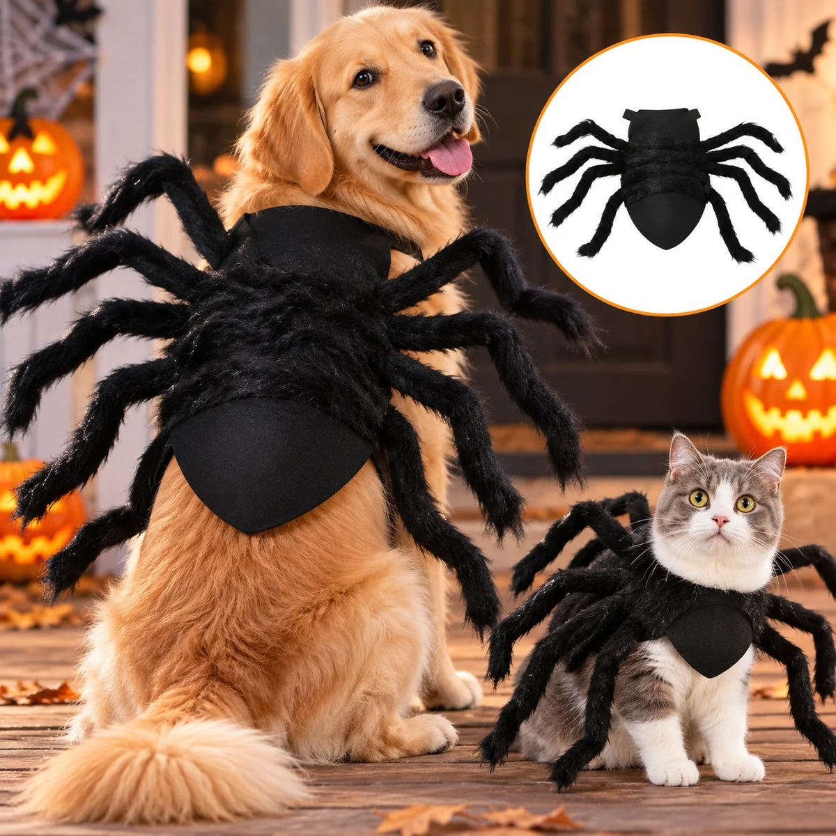 Fantasia de aranha para animais de estimação no Halloween, roupas engraçadas e realistas com pelúcia para cães e gatos, fantasia de cosplay para peito e costas, roupa de festa para cães de porte pequeno e médio