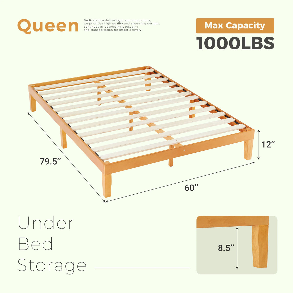 JHK Estrutura de cama de madeira maciça de todos os tamanhos com suporte de ripas de madeira resistente, sem necessidade de molas, fácil montagem, ecológica para sala de estar