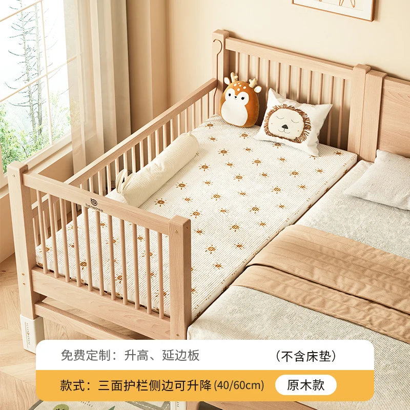 Cama de emenda infantil de madeira maciça personalizável, artefato de emenda largo, bebê plano pode levantar cama de cabeceira