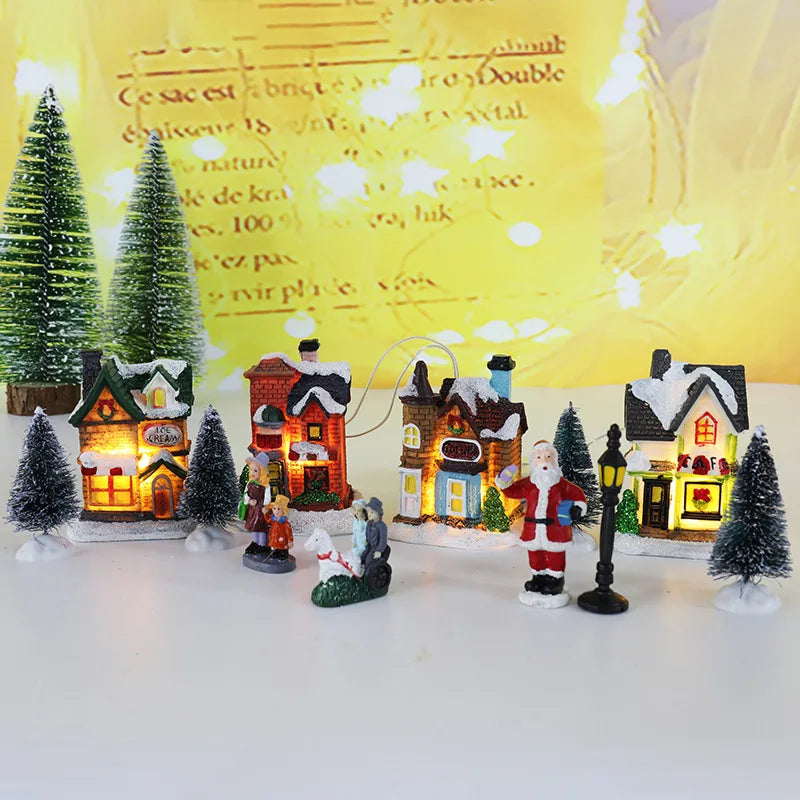 Enfeite de casa em miniatura de resina para o Natal, decoração de mesa com tema de aldeia natalina, casa em miniatura, cena em miniatura, decoração para festas de fim de ano.