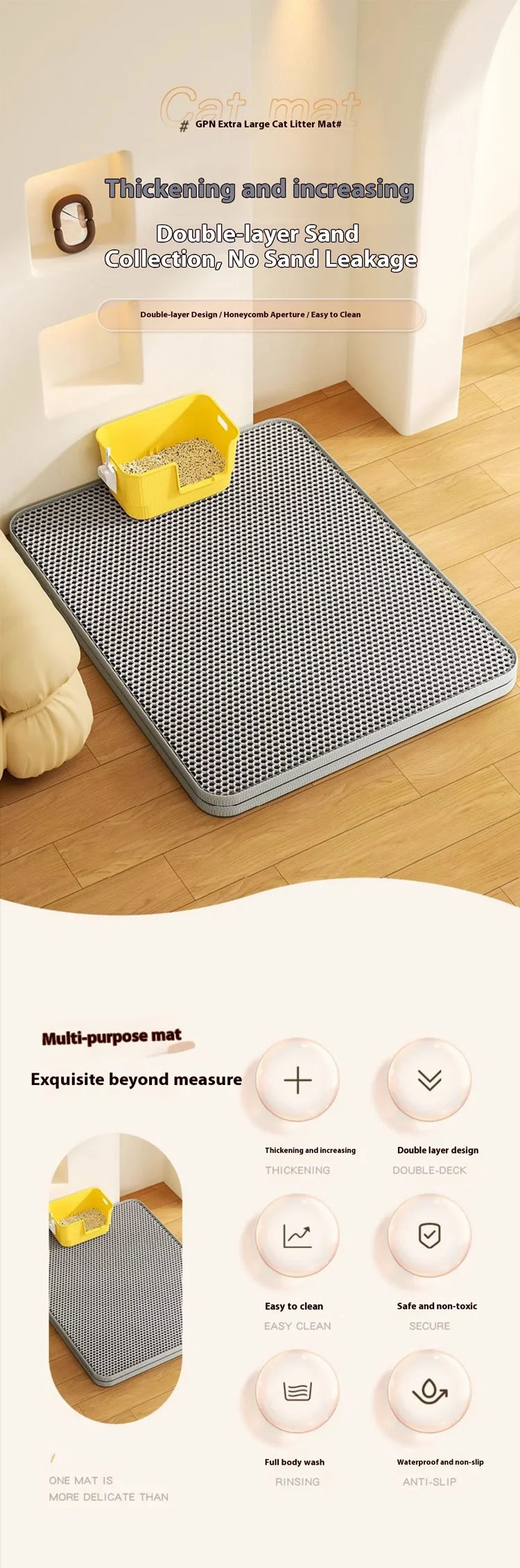 Tapete para caixa de areia de gato, impermeável, antiderrapante, de camada dupla, extra grande, reutilizável, lavável e resistente à sujidade