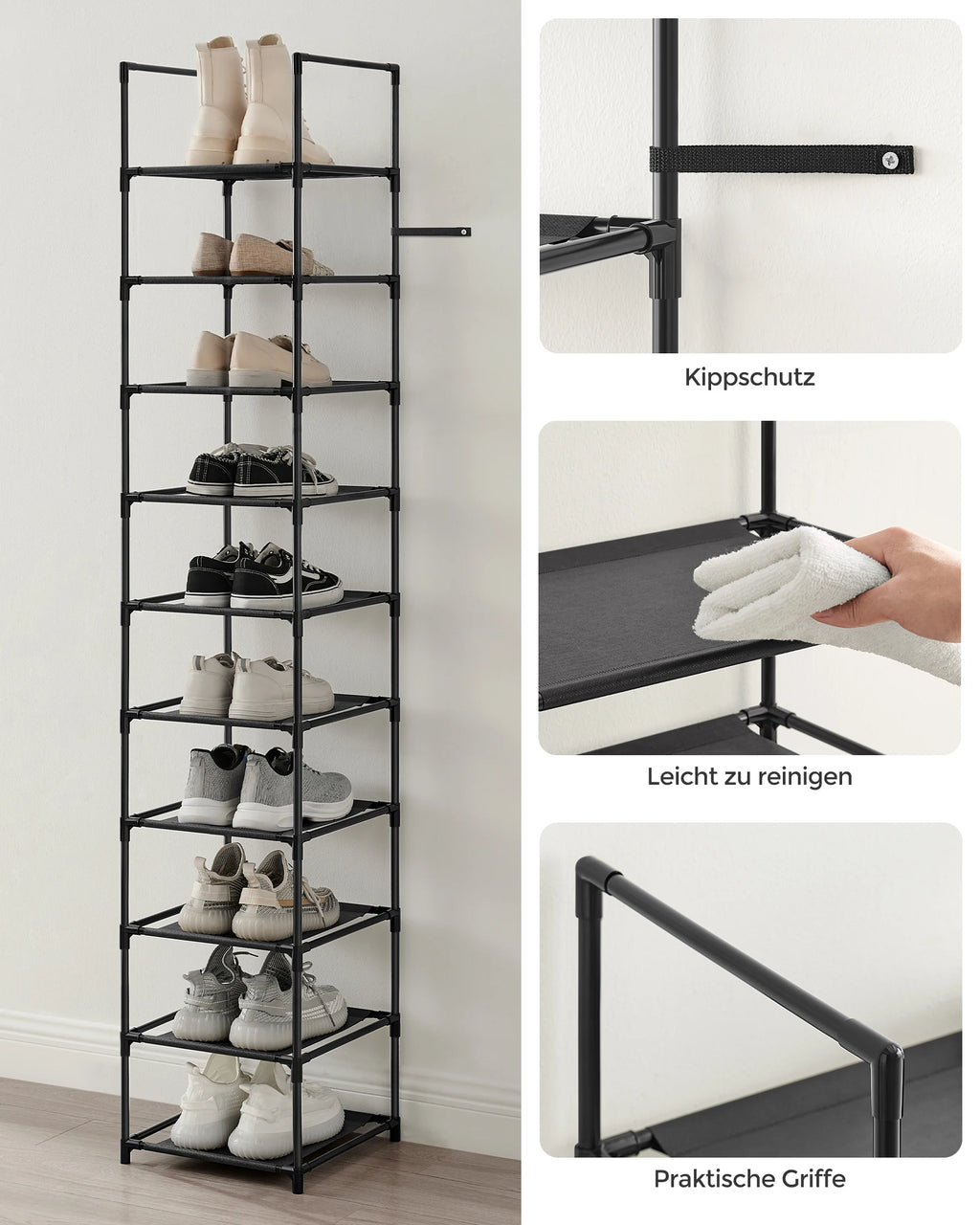 Sapateira SONGMICS Prateleira para sapatos de 10 camadas Armazenamento de sapatos, 33x33x173 cm, Metal Rher, Não tecido
