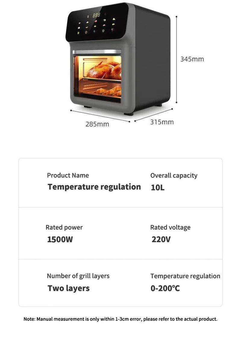 Fritadeiras elétricas de ar de grande capacidade 10L Cozinha doméstica automática sem óleo 360 ° Fritadeira com forno de convecção sem óleo