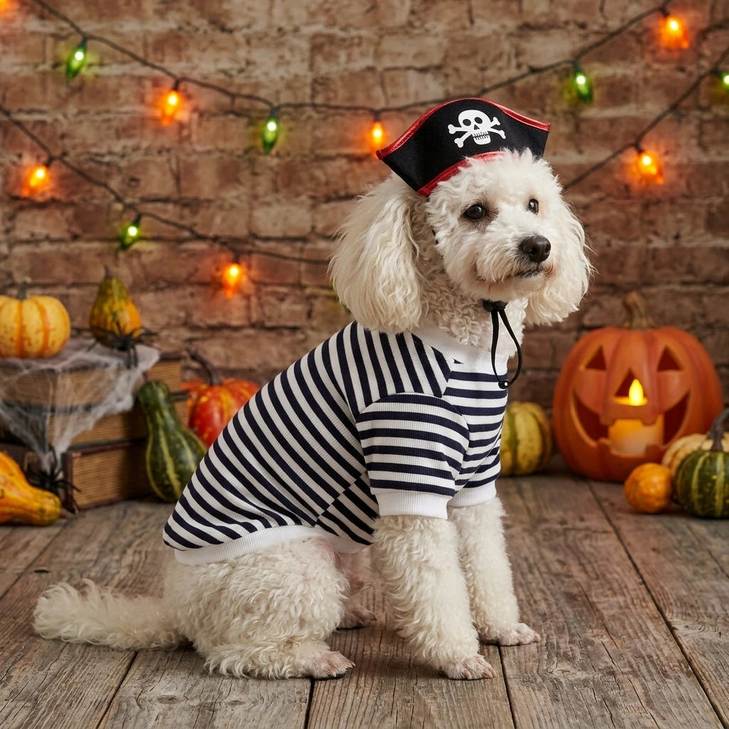 Conjunto de Fantasia de Pirata para Animais de Estimação com Chapéu de Caveira, Camiseta Listrada Preta e Branca para Cães e Gatos, Roupa de Cosplay Assustadora para Festas