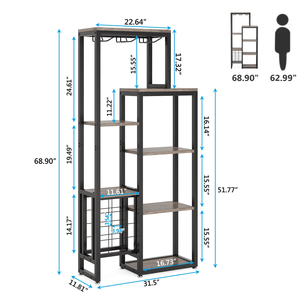 Cremalheira autônoma do vinho do assoalho das tribos com suporte de vidro e armazenamento do vinho, prateleira de exposição industrial do vinho, padeiro Rack, 5-Tier