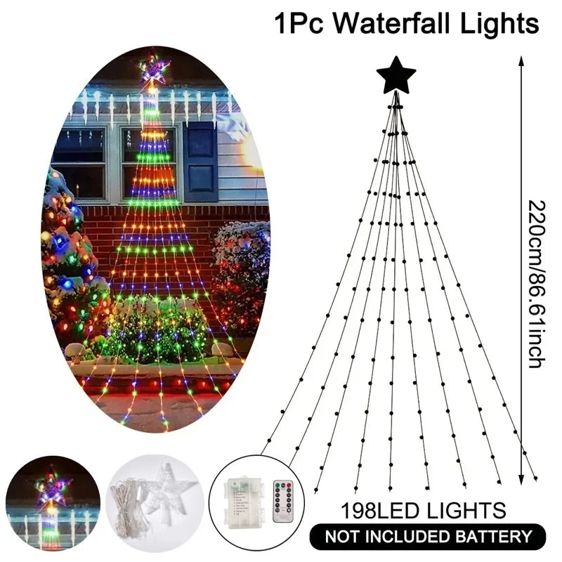 Luzes de corda de fadas cascata de natal com estrela topper, decorações de árvore de natal para casa 2025 navidad natal ano novo 2026