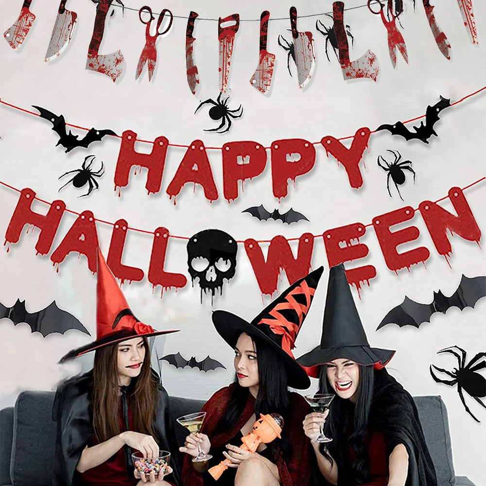 Decoração de festa de halloween feliz dia das bruxas banner sangrento açougueiro faca assassino ferramentas guirlanda de papel para horror decoração de casa assombrada