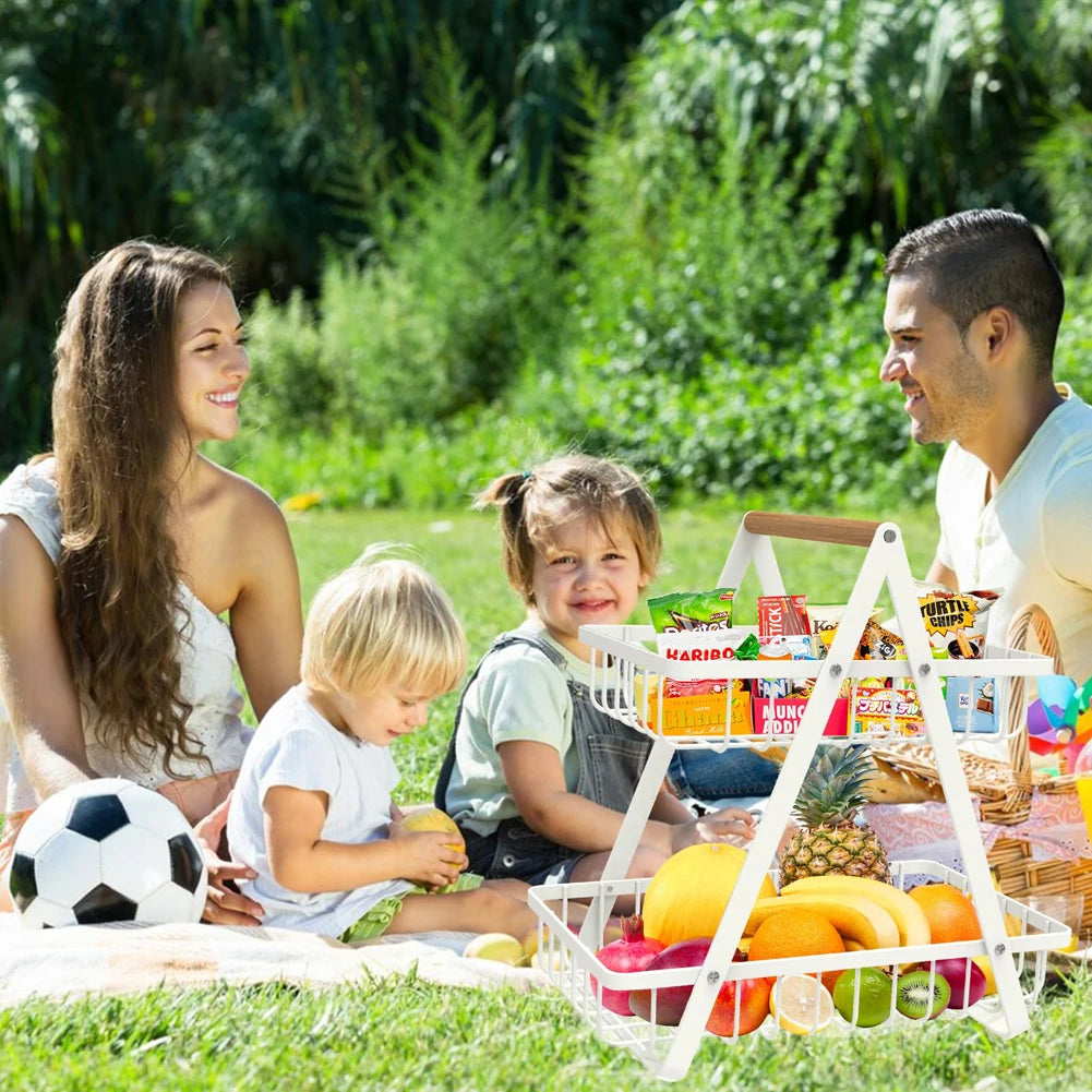 Cesta de armazenamento multifuncional de camada dupla de ferro, prateleira de mesa, mesa de armazenamento de lanche e frutas, com duas camadas de armazenamento na parte superior