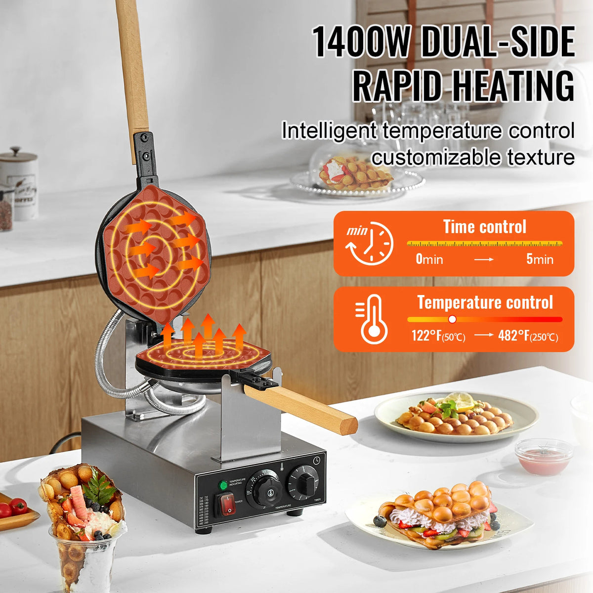 SucceBuy Máquina comercial de waffle com bolhas de ovo 1400W antiaderente em aço inoxidável com 180 °   2 panelas giratórias e alças de madeira
