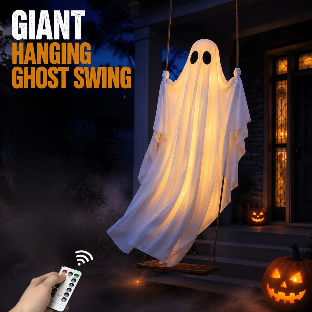 Decoração Suspensa de Fantasma Balançante para Halloween, Ornamento de Fantasma Branco Luminoso, Decoração para Casa Assombrada, Varanda, Quintal, Festa de Terror ao Ar Livre.