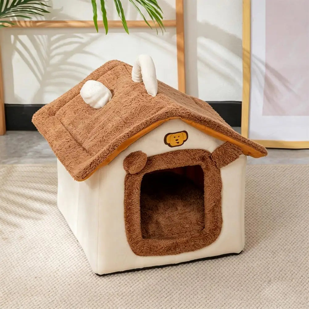Cama para Pets Estilo Casa Fofa para Cães e Gatos Pequenos, Quente para o Inverno, Removível e Lavável, Casinha Fechada de Pelúcia, Vila para Gatos, Caverna