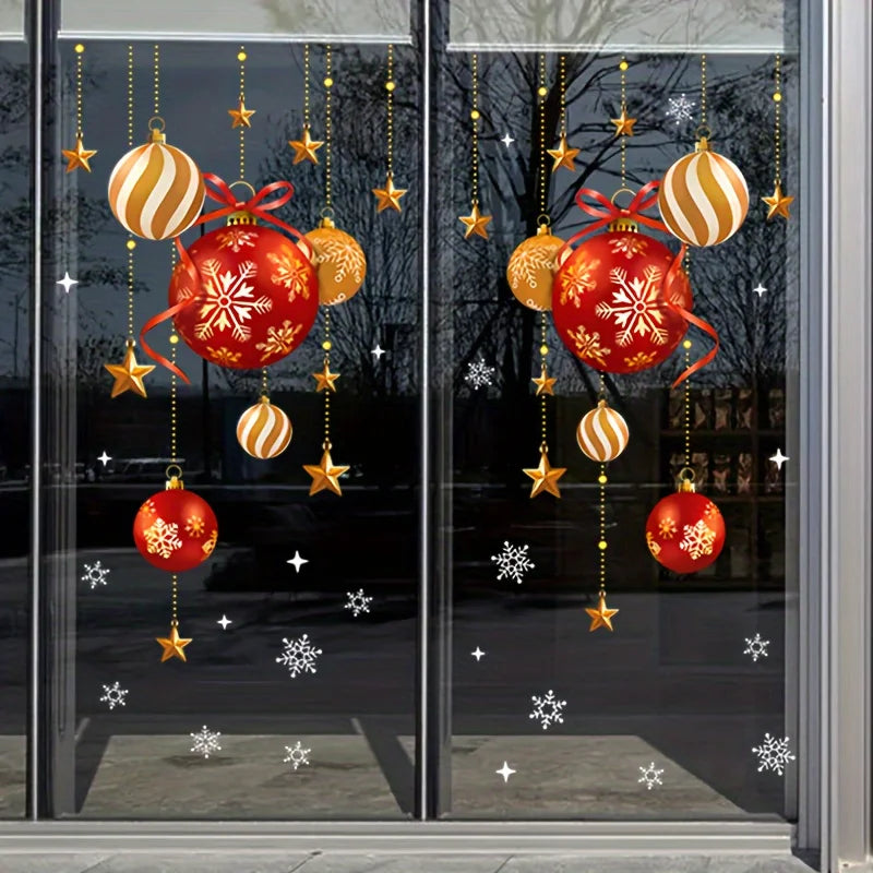 Adesivos de Natal, decoração de ambiente festivo, bolas coloridas, estrelas, flocos de neve, adesivos, adesivos decorativos para janelas de vidro.