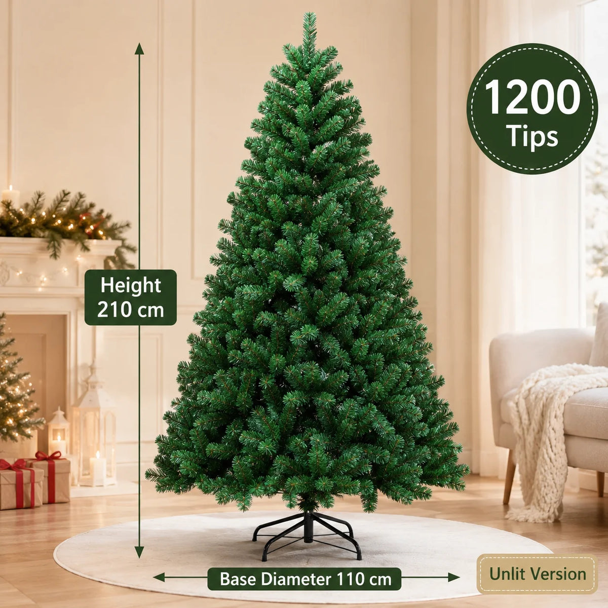 Árvore de Natal Artificial Grande em PVC com Luzes LED, de 120cm a 300cm, Decoração para Festa de Natal e Ano Novo em Família