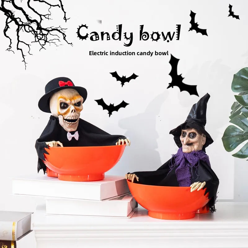 Decoração de cena de Halloween: balde de abóbora, prato de doces engraçado, adereços, enfeites, decorações de atmosfera de evento, decoração de bar