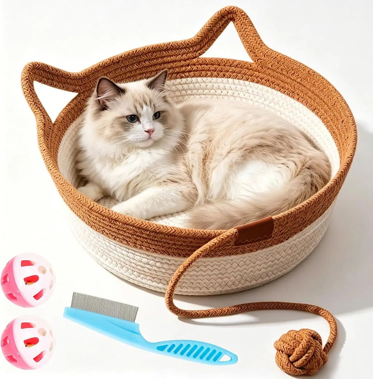 Cesto Cat Instinct - Cama Divertida de Corda de Algodão Tecida à Mão, Equipada com uma Cauda de Brinquedo