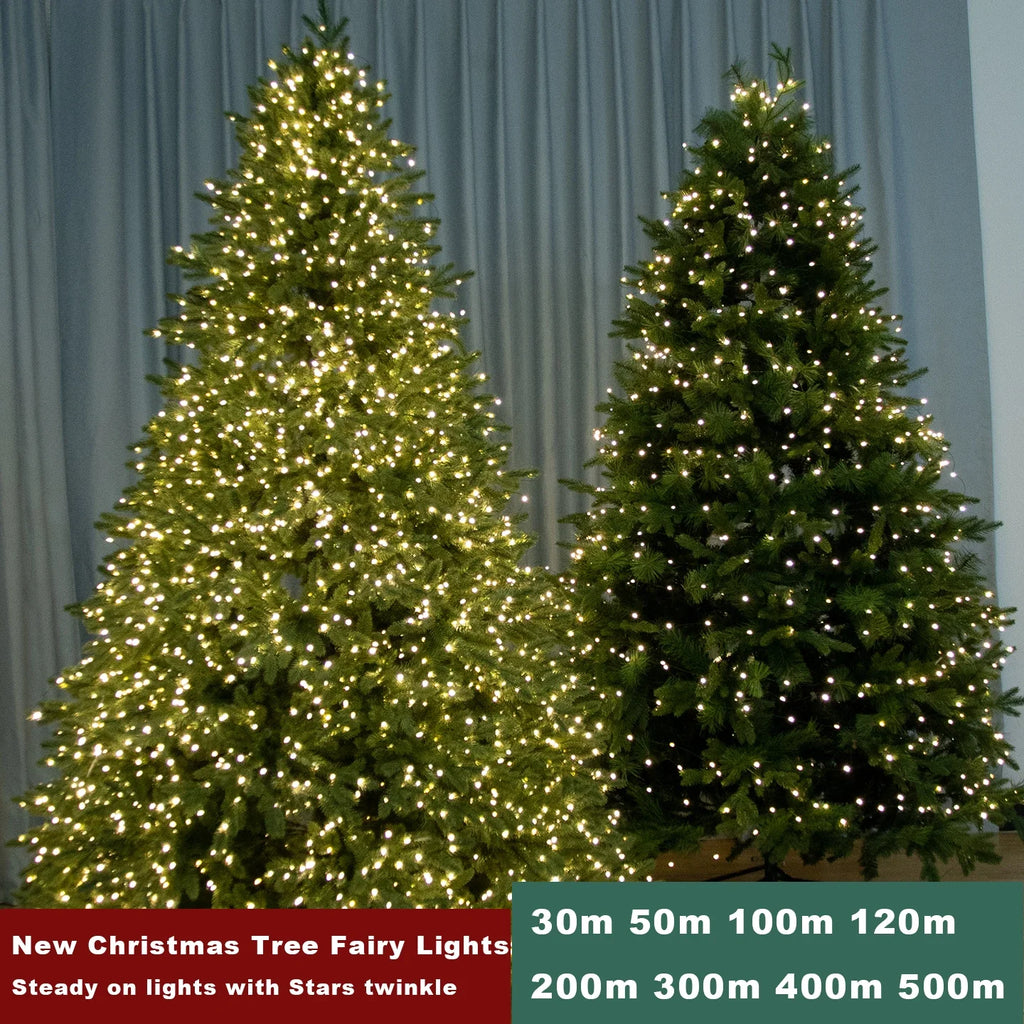 Guirlanda de Natal com Estrelas Cintilantes para Decoração de Ambientes, Luzes de Fada de Natal, Luzes de Fio de Cobre Verde com Plugue, 100m 200m 300m