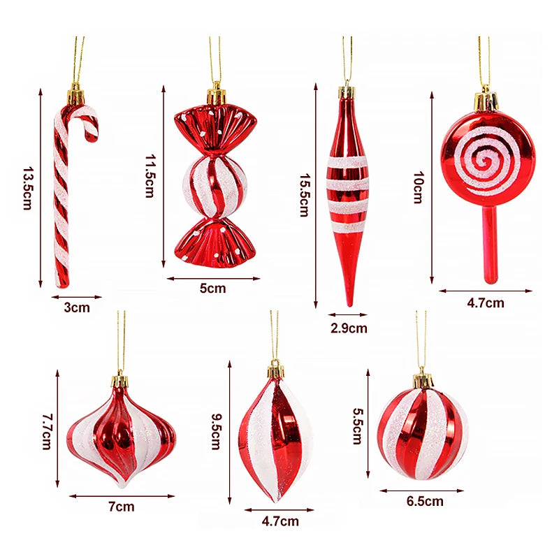14 pçs/caixa natal doce cana bola vermelha ornamentos árvore de natal pendurado pingentes navidad ano novo decorações para casa 2024 presente natal