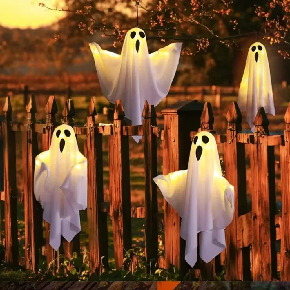 Fantasma Luminoso de Halloween Laranja ou Branco, Decoração de Fantasma em Tecido com Luzes LED para Varanda, Quintal e Decoração de Casa Assombrada