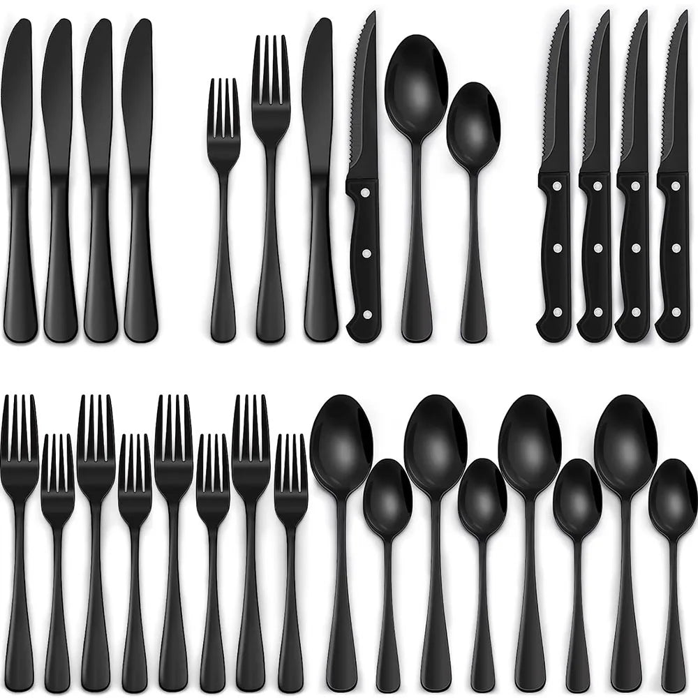 Conjunto de Talheres Pretos com Facas para Bife, Conjunto de Utensílios para 4 Pessoas, Talheres de Grau Alimentício, Conjunto de Talheres com Acabamento Espelhado
