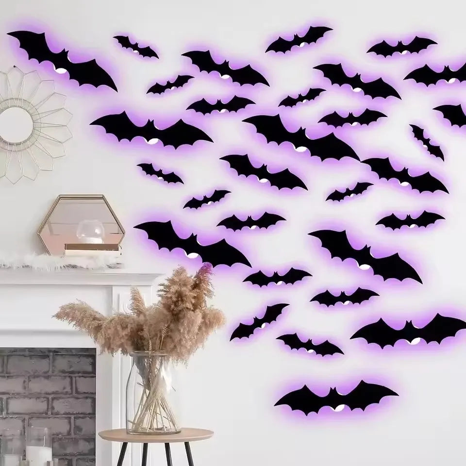 Luz Noturna LED Halloween Morcego Estéreo 3D Adesivo de Parede Material PET Enfeite Festivo para Celebrações Reuniões Residência Ornamento Luminoso Decorativo Ambiente Interior