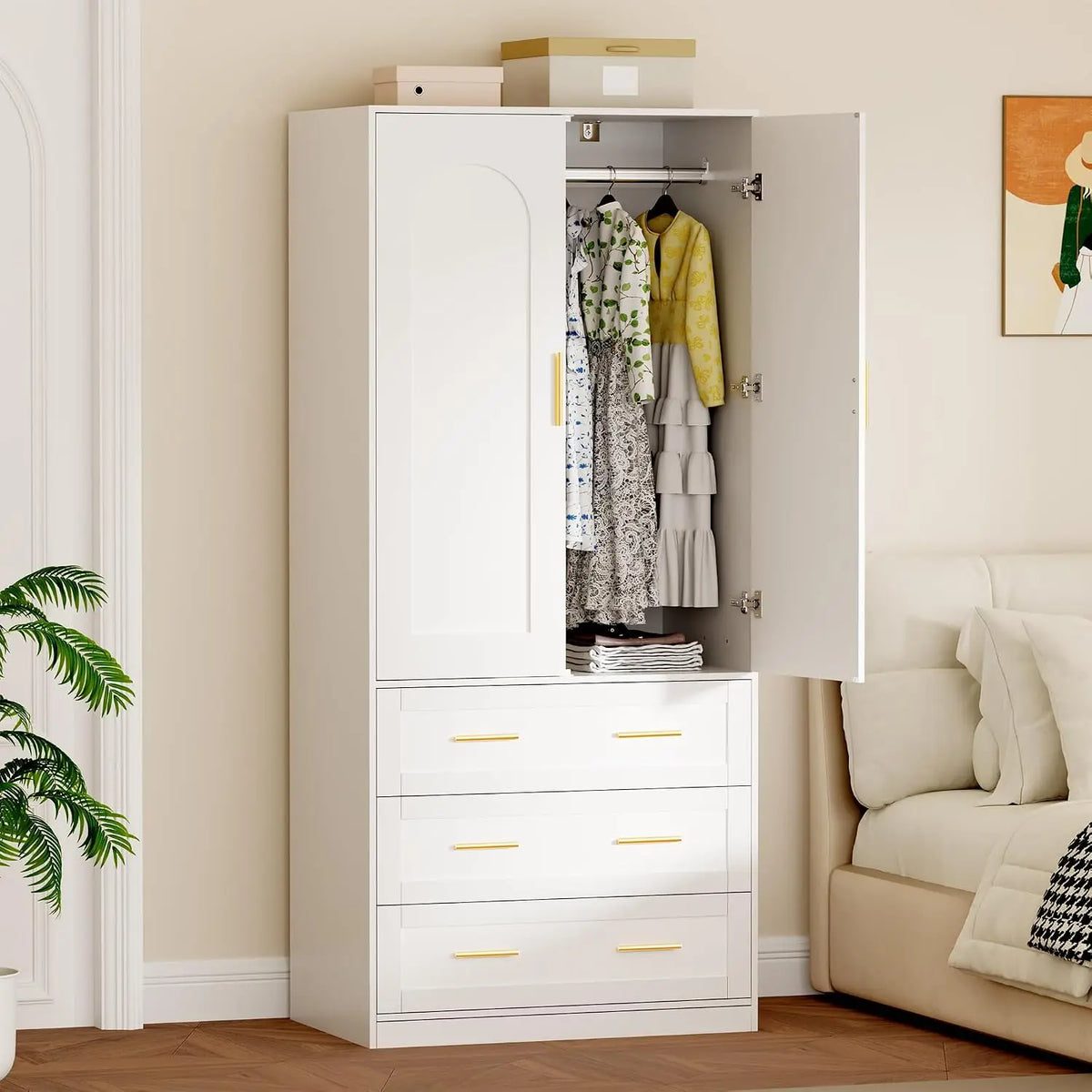 Guarda-roupa de madeira com 3 gavetas e varão para pendurar, 2 portas, armário independente para roupas no quarto, 71", personalizável