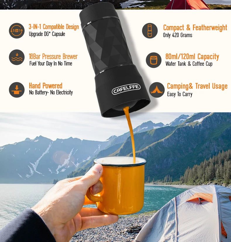 Máquina de Café Portátil Cafelffe 3 em 1, Cafeteira Manual para Cápsulas e Café Moído, Espumador de Leite, Preparador Manual para Viagens e Presentes